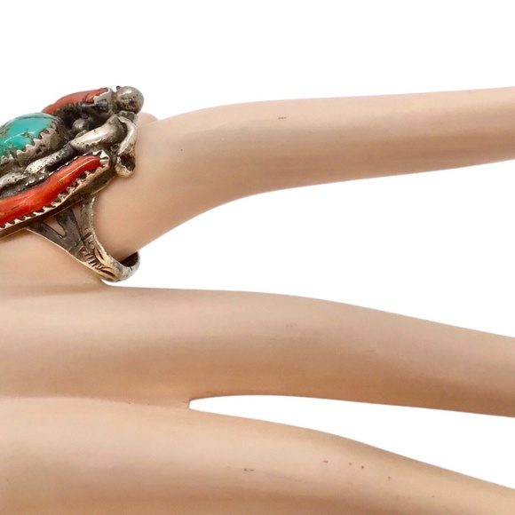 Sz 7, Vintage Ring, Turquoise Coral Sterling Silver Statement Ring - Picture 15 of 16